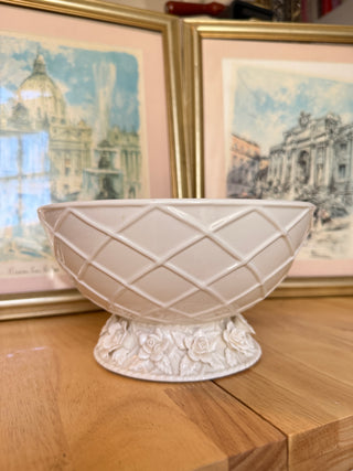 Vintage White Porcelain Bowl with Floral Pedestal & Basket Weave Detail