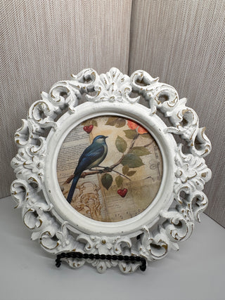 Vintage-Style Ornate Round Wall Art with Bluebird Print