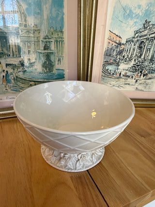 Vintage White Porcelain Bowl with Floral Pedestal & Basket Weave Detail