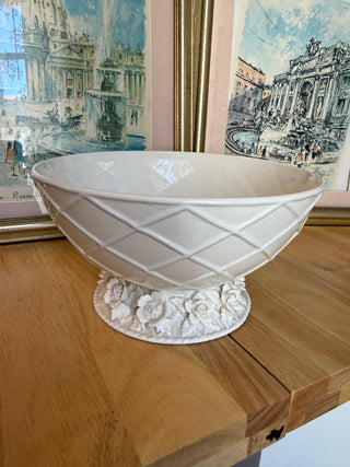 Vintage White Porcelain Bowl with Floral Pedestal & Basket Weave Detail