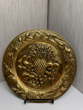 Pair of Vintage Embossed Brass Wall Hanging Plates, Fruit Relief Pineapple & Grapes Motif, Mid Century Modern Gallery Wall Décor