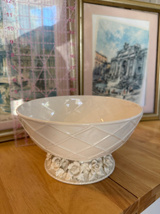Vintage White Porcelain Bowl with Floral Pedestal & Basket Weave Detail