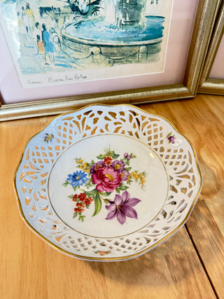 Vintage Bavarian Floral Pierced Porcelain Bowl Dish Gold Trim 8"