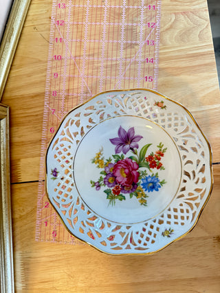 Vintage Bavarian Floral Pierced Porcelain Bowl Dish Gold Trim 8"