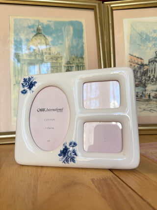 Vintage Ceramic 3-Opening Picture Frame – Blue Floral Design