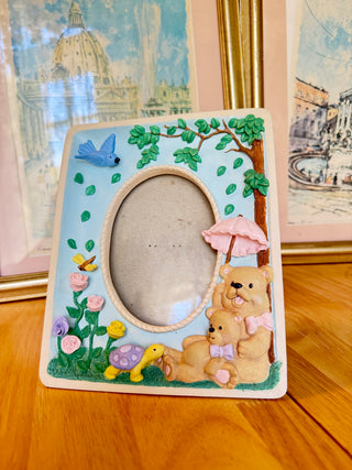Vintage Teddy Bear & Bird 3D Embossed Picture Frame – Whimsical Garden Scene
