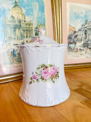Vintage Porcelain Rose Floral Covered Jar – Embossed White Ceramic Apothecary Jar