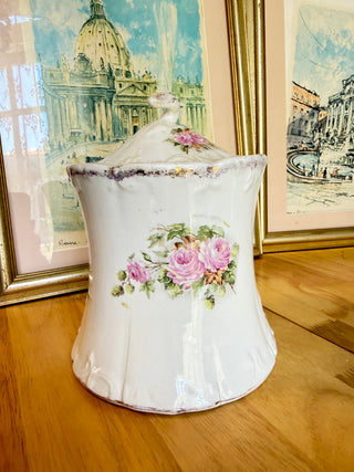 Vintage Porcelain Rose Floral Covered Jar – Embossed White Ceramic Apothecary Jar