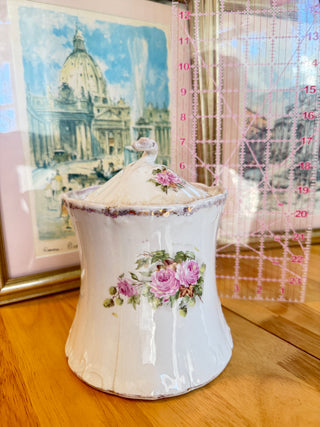 Vintage Porcelain Rose Floral Covered Jar – Embossed White Ceramic Apothecary Jar