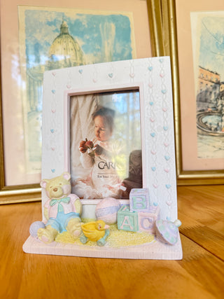 Vintage Baby Photo Frame with Teddy Bear, ABC Blocks & Pastel Heart Details