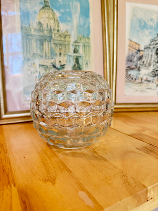 Vintage Glass Fairy Lamp with Dome Lid – Clear Pressed Glass Geometric Pattern – Candle Holder