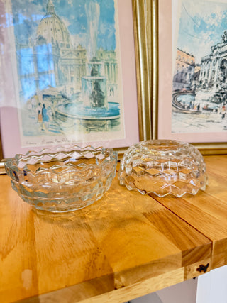 Vintage Glass Fairy Lamp with Dome Lid – Clear Pressed Glass Geometric Pattern – Candle Holder