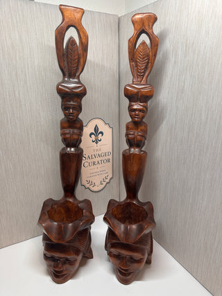 Vintage Philippine Igorot Carved Wood Anthropomorphic Ceremonial Offering Bowls - Pair