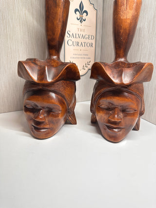 Vintage Philippine Igorot Carved Wood Anthropomorphic Ceremonial Offering Bowls - Pair