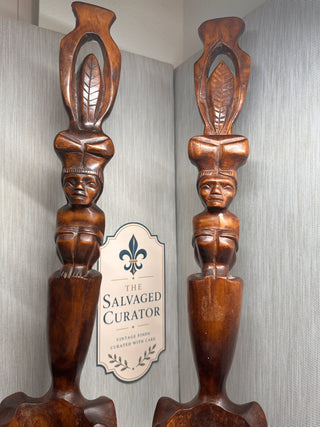Vintage Philippine Igorot Carved Wood Anthropomorphic Ceremonial Offering Bowls - Pair