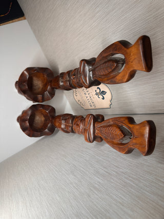 Vintage Philippine Igorot Carved Wood Anthropomorphic Ceremonial Offering Bowls - Pair