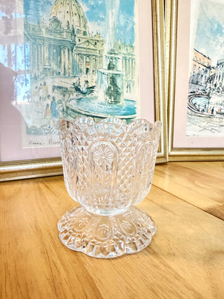 Vintage Pressed Glass Pedestal Vase – Floral & Diamond Cut Pattern