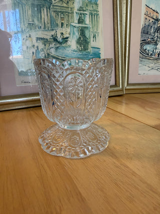 Vintage Pressed Glass Pedestal Vase – Floral & Diamond Cut Pattern