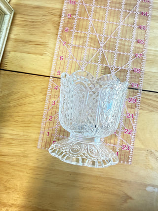 Vintage Pressed Glass Pedestal Vase – Floral & Diamond Cut Pattern
