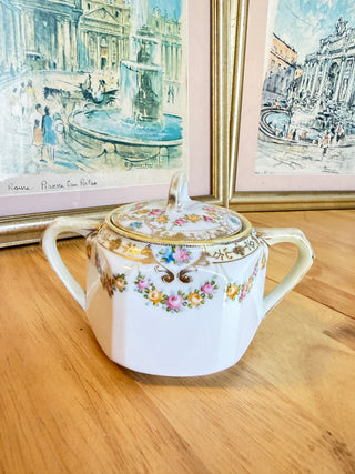 Vintage Floral Porcelain Lidded Sugar Bowl / Double-Handled Tea Caddy with Gold Trim