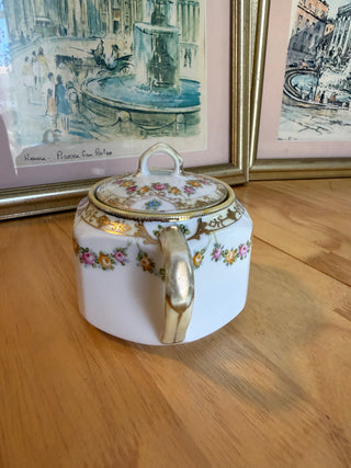 Vintage Floral Porcelain Lidded Sugar Bowl / Double-Handled Tea Caddy with Gold Trim