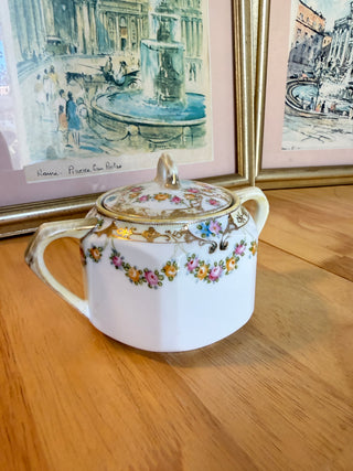 Vintage Floral Porcelain Lidded Sugar Bowl / Double-Handled Tea Caddy with Gold Trim