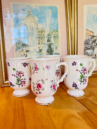 Floral Porcelain Pedestal Mugs Set of 5 – Gold Trim – Cottage Style