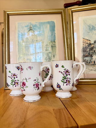 Floral Porcelain Pedestal Mugs Set of 5 – Gold Trim – Cottage Style