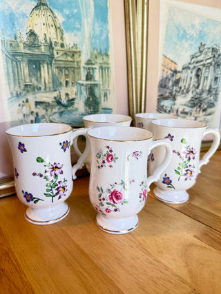 Floral Porcelain Pedestal Mugs Set of 5 – Gold Trim – Cottage Style