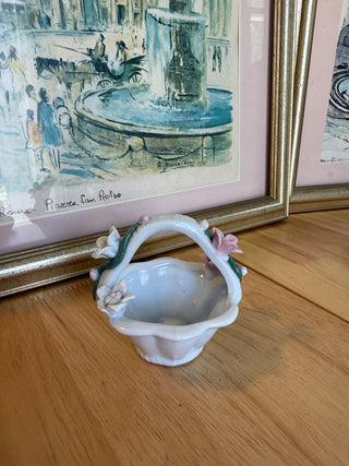 Porcelain Floral Basket Trinket Dish with Hand-Painted Flowers & Handle