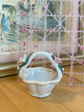 Porcelain Floral Basket Trinket Dish with Hand-Painted Flowers & Handle