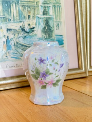 Vintage Iridescent Porcelain Bud Vase with Hand-Painted Pink & Purple Flowers