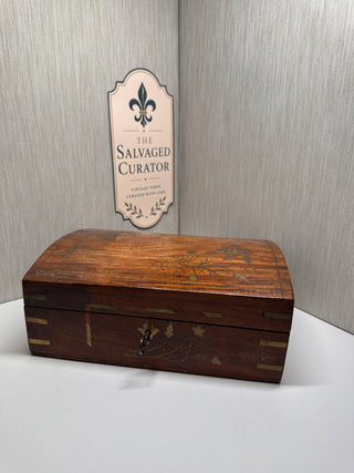 Antique Anglo-Indian Rosewood Jewelry Casket – Brass Floral Inlay & Velvet Liner