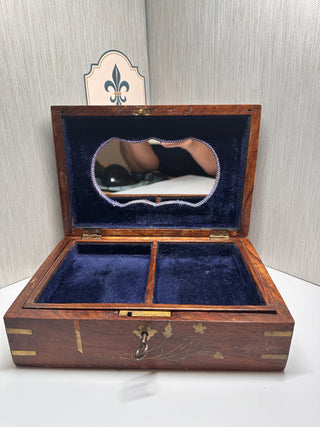 Antique Anglo-Indian Rosewood Jewelry Casket – Brass Floral Inlay & Velvet Liner