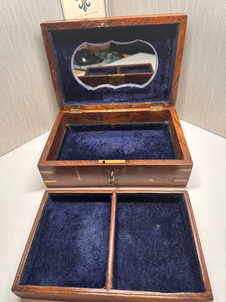 Antique Anglo-Indian Rosewood Jewelry Casket – Brass Floral Inlay & Velvet Liner