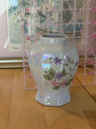 Vintage Iridescent Porcelain Bud Vase with Hand-Painted Pink & Purple Flowers