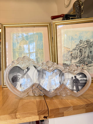 Vintage Glass Triple Heart Photo Frame with Floral Details – Holds 3 Photos