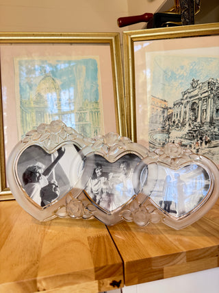 Vintage Glass Triple Heart Photo Frame with Floral Details – Holds 3 Photos