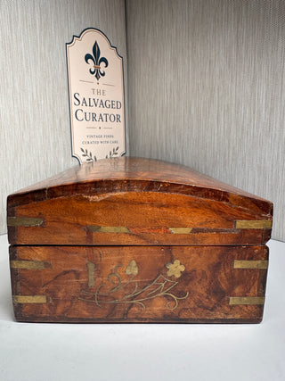 Antique Anglo-Indian Rosewood Jewelry Casket – Brass Floral Inlay & Velvet Liner