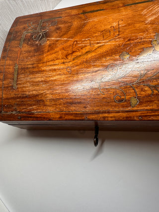 Antique Anglo-Indian Rosewood Jewelry Casket – Brass Floral Inlay & Velvet Liner