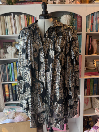 Teddi Black Sparkle Silver Metallic Floral Button Front Blouse Size 12