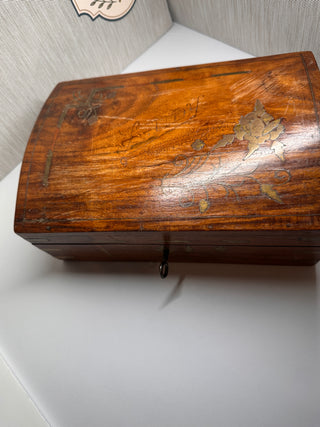 Antique Anglo-Indian Rosewood Jewelry Casket – Brass Floral Inlay & Velvet Liner