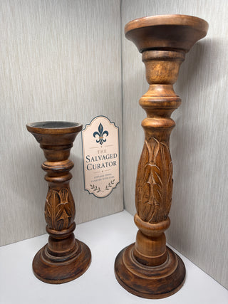 Vintage Hand-Carved Wooden Pillar Candle Holders - Set of 2