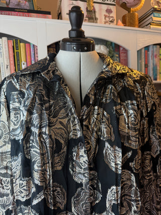 Teddi Black Sparkle Silver Metallic Floral Button Front Blouse Size 12
