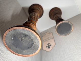 Vintage Hand-Carved Wooden Pillar Candle Holders - Set of 2