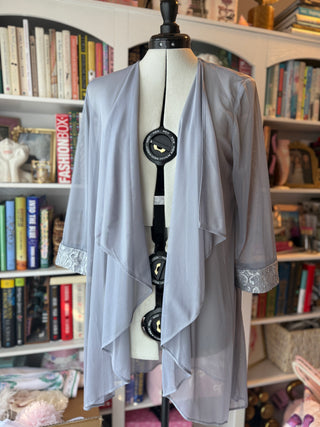 Women’s Grey Sheer Sparkle Shawl/Wrap Sz 14 – Silver Lace Trim, 20" Sleeve