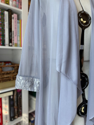 Women’s Grey Sheer Sparkle Shawl/Wrap Sz 14 – Silver Lace Trim, 20" Sleeve
