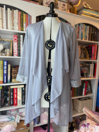 Women’s Grey Sheer Sparkle Shawl/Wrap Sz 14 – Silver Lace Trim, 20" Sleeve