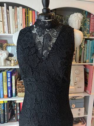 Enfocus Black Lace Sleeveless Sheath Dress Size 8 – High Neck Floral Lace