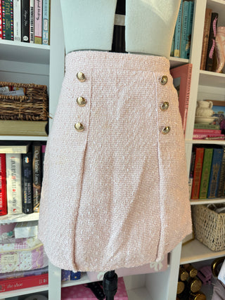 Lauren James Pink Tweed Mini Skirt with Gold Crest Buttons – Size M